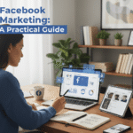 A woman sitting at a desk in a bright home office, using a laptop and tablet to analyze Facebook marketing data. The image includes text that reads: "Facebook Marketing: A Practical Guide."