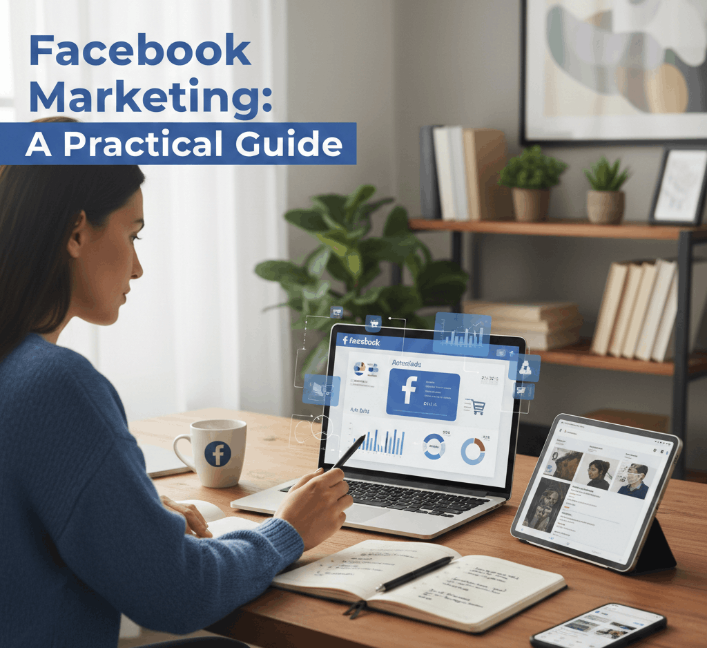 A woman sitting at a desk in a bright home office, using a laptop and tablet to analyze Facebook marketing data. The image includes text that reads: "Facebook Marketing: A Practical Guide."