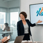 Professional team discussing successful logo design and brand identity strategy in a modern office.