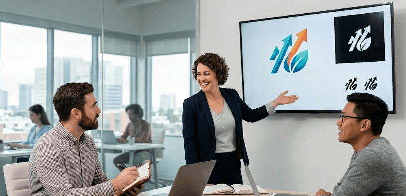 Professional team discussing successful logo design and brand identity strategy in a modern office.