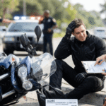 A distressed motorcycle rider in gear reviews an insurance claim form with a claims agent on the side of a road after an accident; police background.