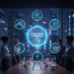 A futuristic digital infographic set in a high-rise boardroom overlooking a cyberpunk city at night. The image features a central glowing orb labeled "SEARCH ENGINE OPTIMIZATION" connected to icons for Technical SEO, On-Page SEO, E.E.A.T, Local SEO, and Content SEO. Four professionals in business attire stand around a conference table interacting with the holographic display.