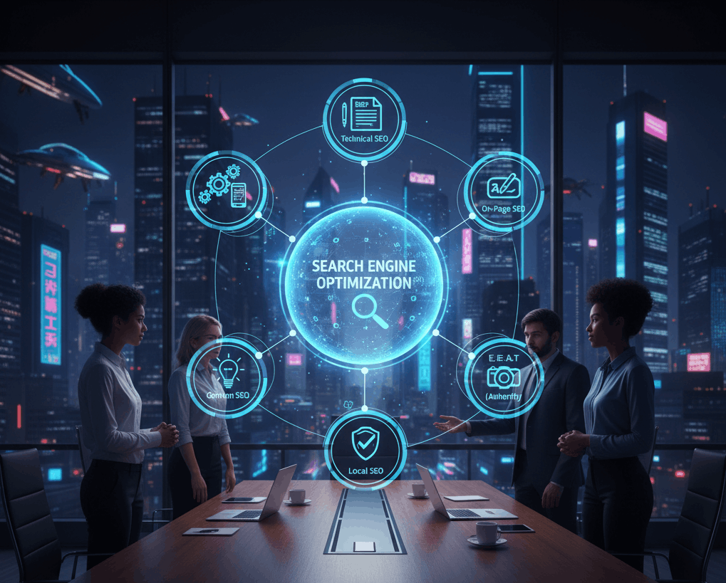 A futuristic digital infographic set in a high-rise boardroom overlooking a cyberpunk city at night. The image features a central glowing orb labeled "SEARCH ENGINE OPTIMIZATION" connected to icons for Technical SEO, On-Page SEO, E.E.A.T, Local SEO, and Content SEO. Four professionals in business attire stand around a conference table interacting with the holographic display.