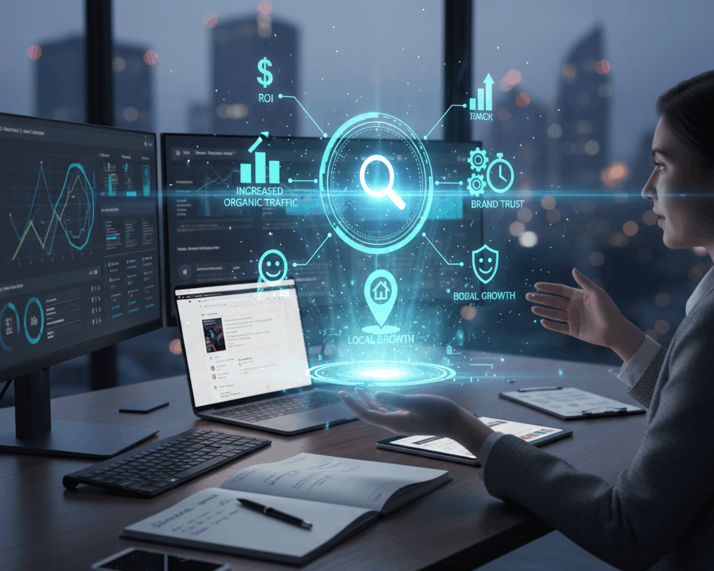 Woman holding futuristic SEO hologram chart.