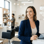 Entrepreneur holds tablet at counter in modern hair salon. Interior features black styling chairs, gold mirrors, and "START YOUR OWN SALON" sign.