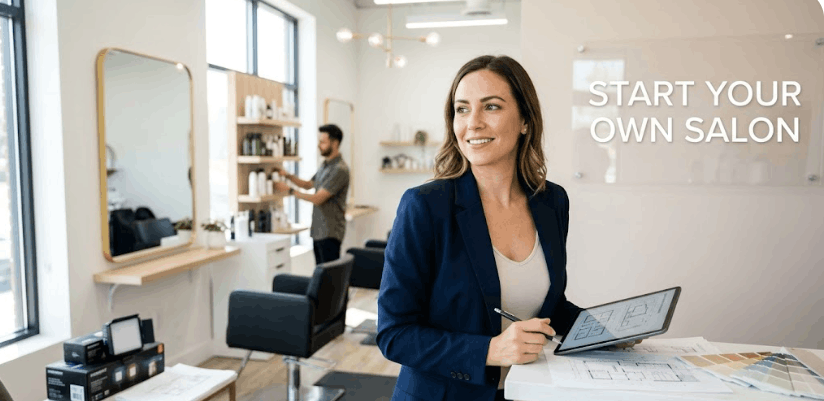 Entrepreneur holds tablet at counter in modern hair salon. Interior features black styling chairs, gold mirrors, and "START YOUR OWN SALON" sign.