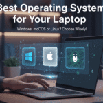 A close-up of a person’s hand using a laptop with three glowing holographic icons floating above the keyboard: the Windows logo, the Apple logo, and the Linux penguin. The text reads "Best Operating System for Your Laptop."