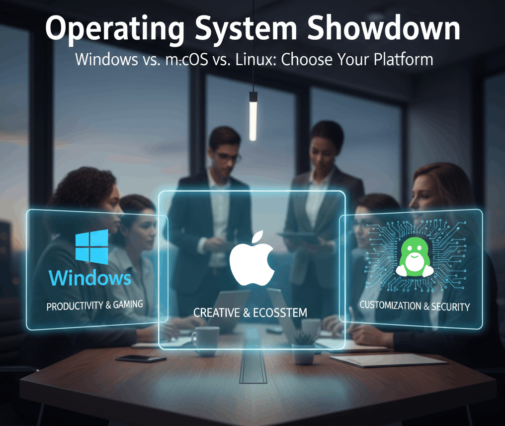 A professional boardroom setting with three digital panels labeled Windows, Apple, and Linux, each highlighting key strengths like "Productivity & Gaming," "Creative & Ecosystem," and "Customization & Security."