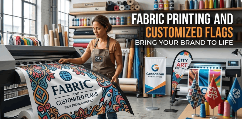 Woman operating large dye-sublimation textile printer making custom flags and banners with vibrant logos in professional print shop setting.