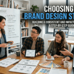 Team in a workshop choosing a right brand design strategy for a consistent visual identity.