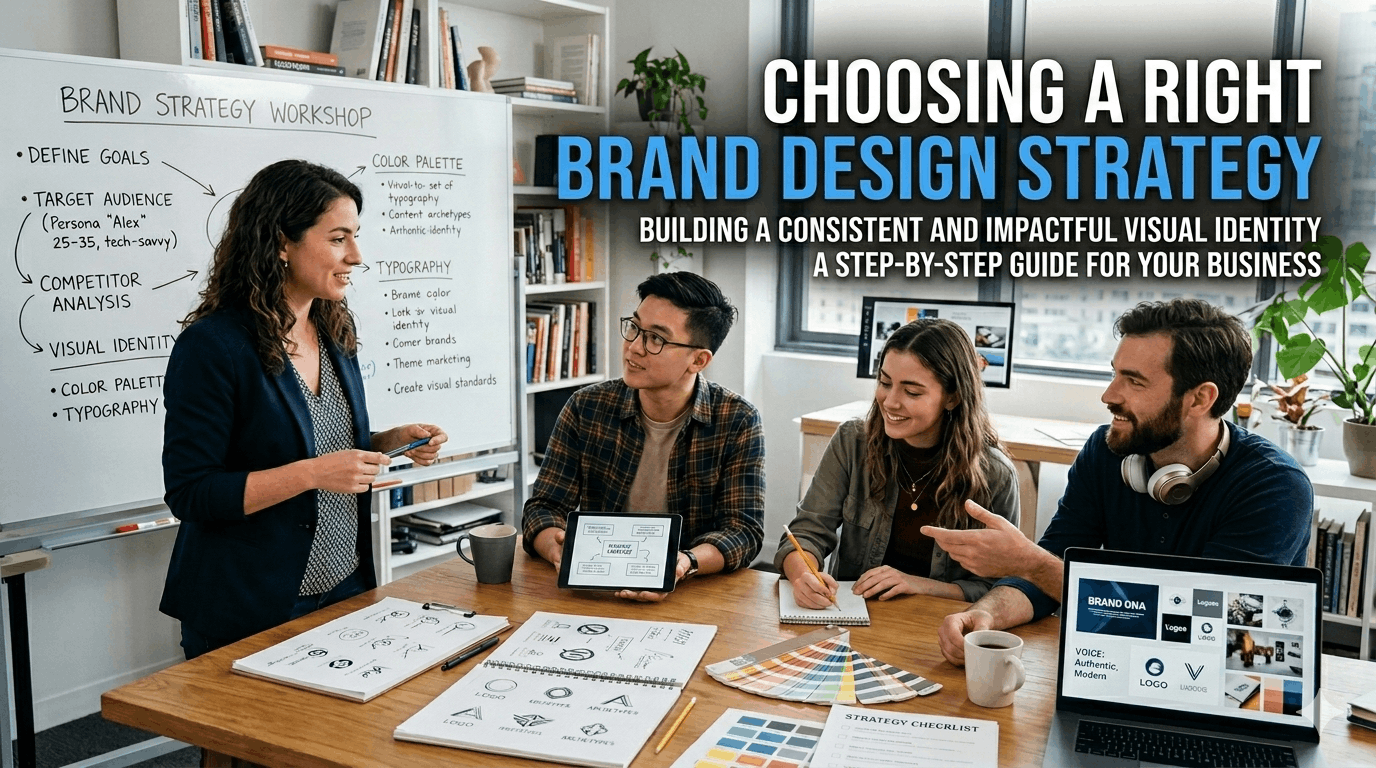 Team in a workshop choosing a right brand design strategy for a consistent visual identity.