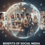 A digital visualization of a glowing Earth globe surrounded by diverse people engaging in video calls, content creation, and community building through social media platforms.