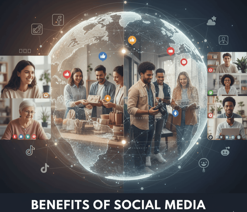 A digital visualization of a glowing Earth globe surrounded by diverse people engaging in video calls, content creation, and community building through social media platforms.