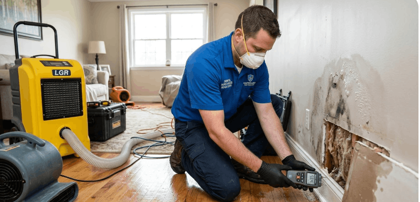 Water restoration technician in mask and gloves uses a moisture meter on a water-damaged wall in a home with LGR dehumidifier and air mover.