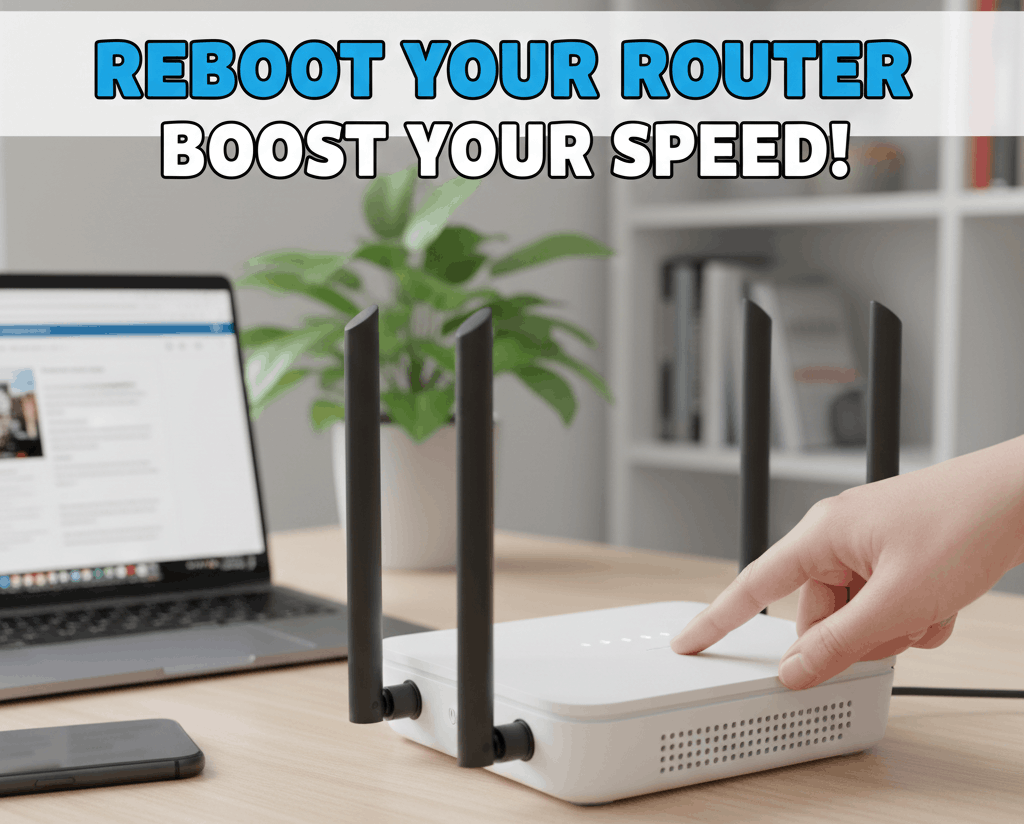 Hand pressing a button on a white WiFi router to reboot and increase internet speed.