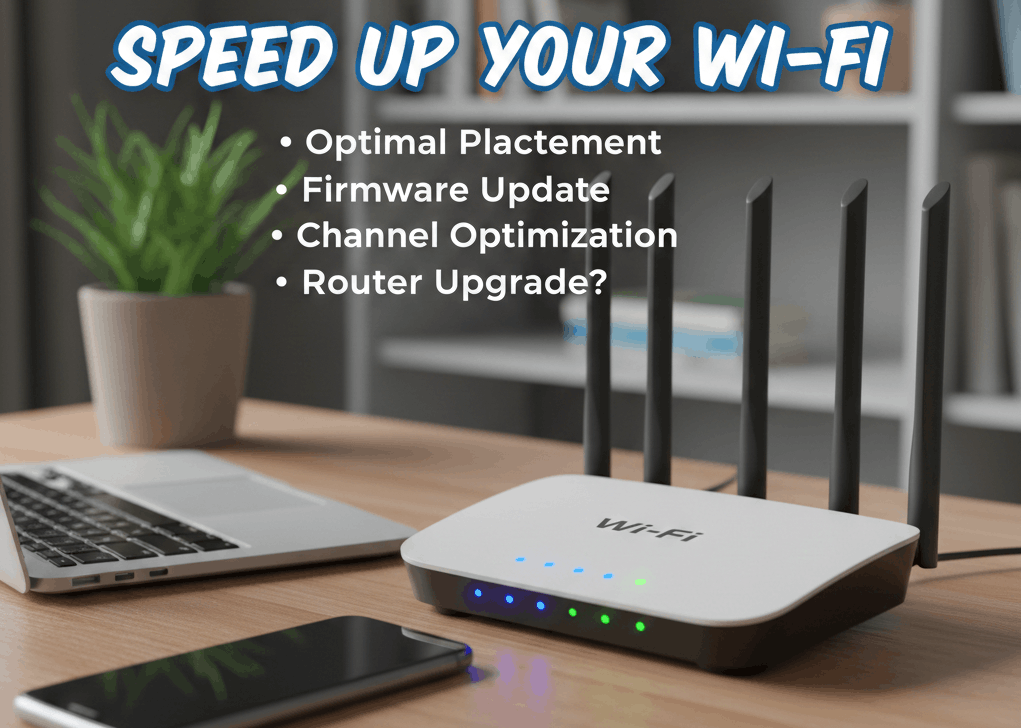 Infographic showing ways to speed up Wi-Fi using placement, firmware, and channel optimization.