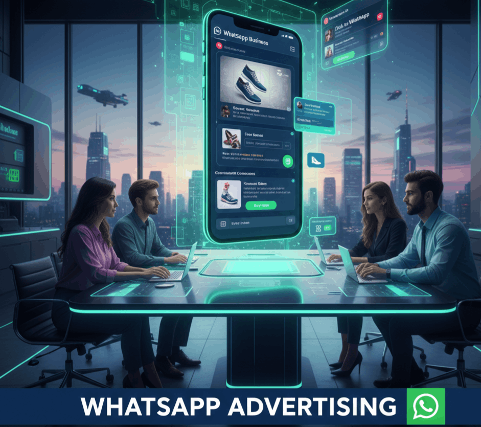 Digital 3D visualization of a 2026 WhatsApp Business shopping interface showing a footwear catalog, with a marketing team collaborating in a futuristic office.