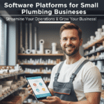 Plumber holding a tablet displaying business management software in a plumbing supply warehouse.