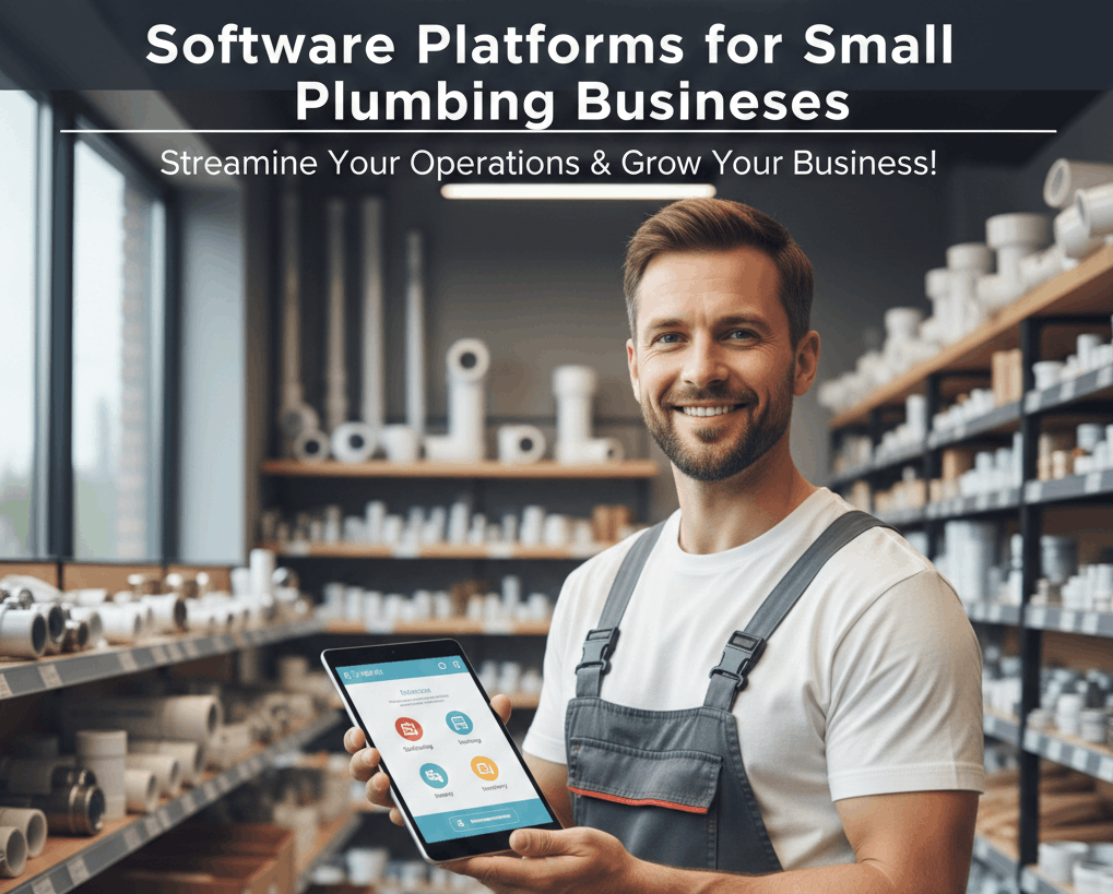 Plumber holding a tablet displaying business management software in a plumbing supply warehouse.