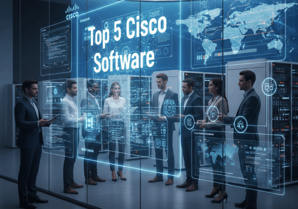 a group of professionals in suits standing in a futuristic server room, looking at glowing digital interfaces. Large holographic text in the center reads "Top 5 Cisco Software."