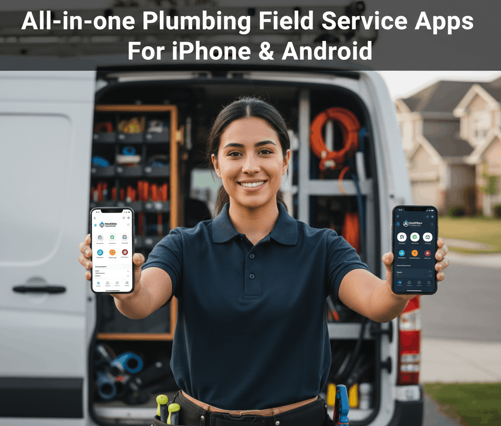 Female plumber holding two smartphones showing field service management apps in front of a work van.