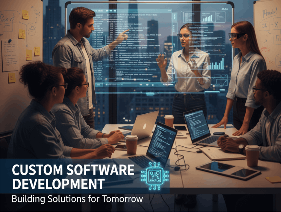 Custom software development team collaborating on code and agile planning in a modern office.