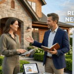 A professional man and woman negotiating a property deal in front of a modern luxury home with a "For Sale" sign.