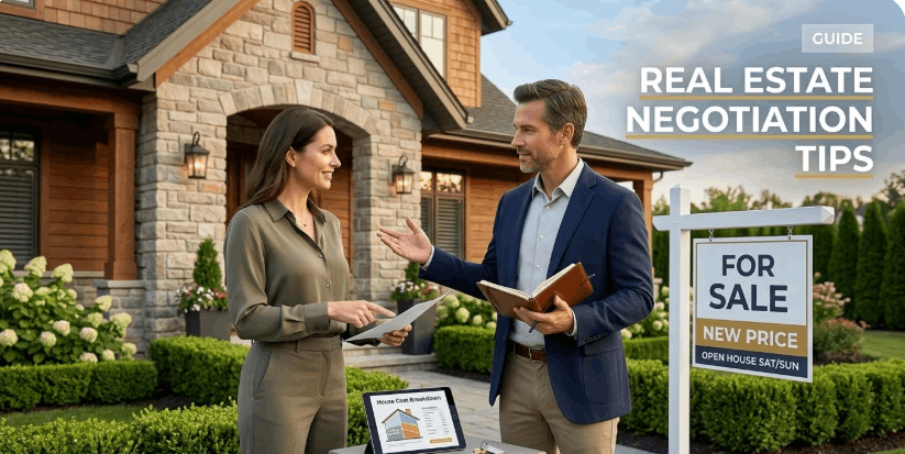 A professional man and woman negotiating a property deal in front of a modern luxury home with a "For Sale" sign.