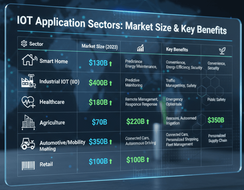 IoT applications comparison table showing smart homes healthcare IoT smart cities agriculture energy and supply chain market sizes
