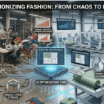 Side-by-side comparison of a cluttered garment factory and an automated AI-driven production line featuring robotic assembly and data analysis.