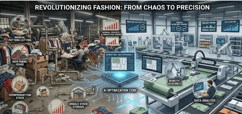 Side-by-side comparison of a cluttered garment factory and an automated AI-driven production line featuring robotic assembly and data analysis.