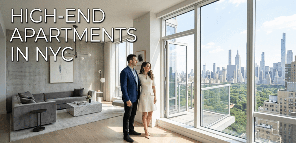 A couple admires the Central Park view from a luxury NYC living room with modern decor.