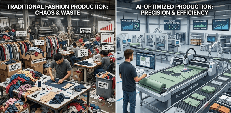AI-driven demand forecasting reducing fashion overproduction and textile waste in 2026.