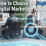 A digital glowing maze on a wooden desk with a magnifying glass icon, featuring the text "How to Choose the Right Digital Marketing Agency" and "5 Questions to Ask."