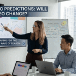 A woman in a modern office points to a screen with the text 'TOP SEO PREDICTIONS: WILL SEO CHANGE?', presenting to seated colleagues about future search trends.