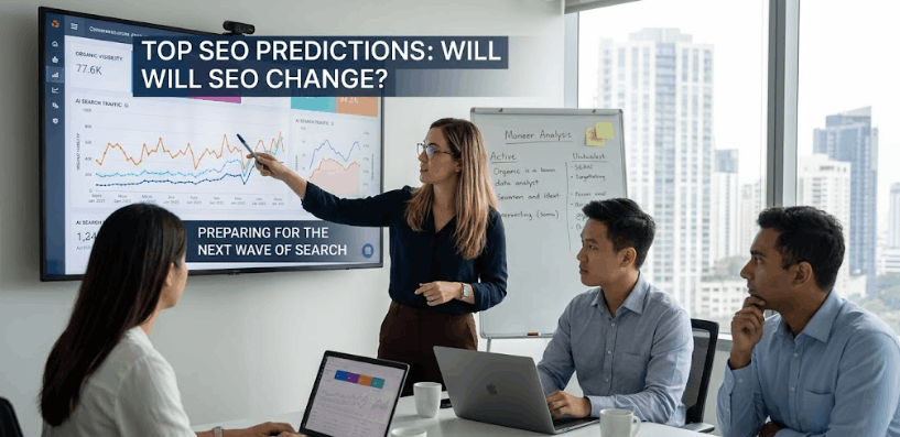 A woman in a modern office points to a screen with the text 'TOP SEO PREDICTIONS: WILL SEO CHANGE?', presenting to seated colleagues about future search trends.