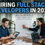 Diverse tech team collaborates at an office table reviewing a 'Skill Radar' chart for full stack developer recruitment.