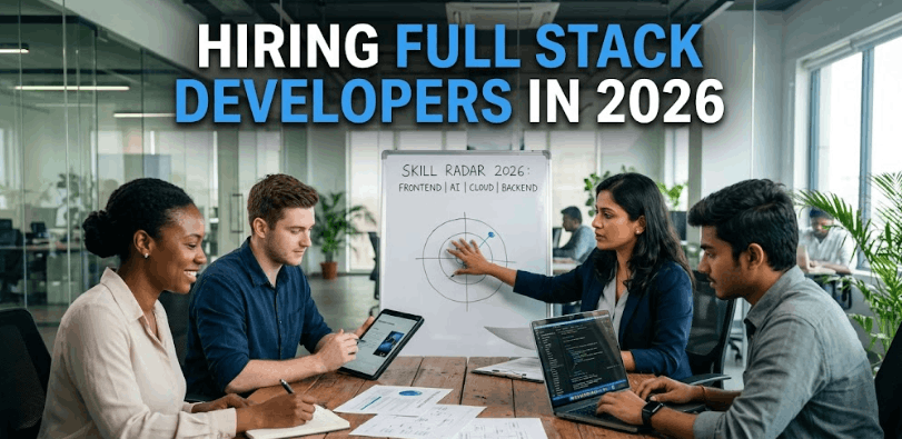 Diverse tech team collaborates at an office table reviewing a 'Skill Radar' chart for full stack developer recruitment.