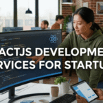 Modern startup team collaborating on a ReactJS development project in a professional office, featuring a large monitor with React code and logo.