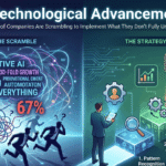 Infographic titled 'AI Technological Advancements' illustrating the contrast between chaotic AI adoption hype (left side showing 'The Hype & The Scramble' with buzzwords and 67% of companies struggling) and a strategic 4-stage implementation framework (right side showing 'The Strategy & The Success' with steps for Pattern Recognition, Process Automation, Prediction, and Generative Applications).