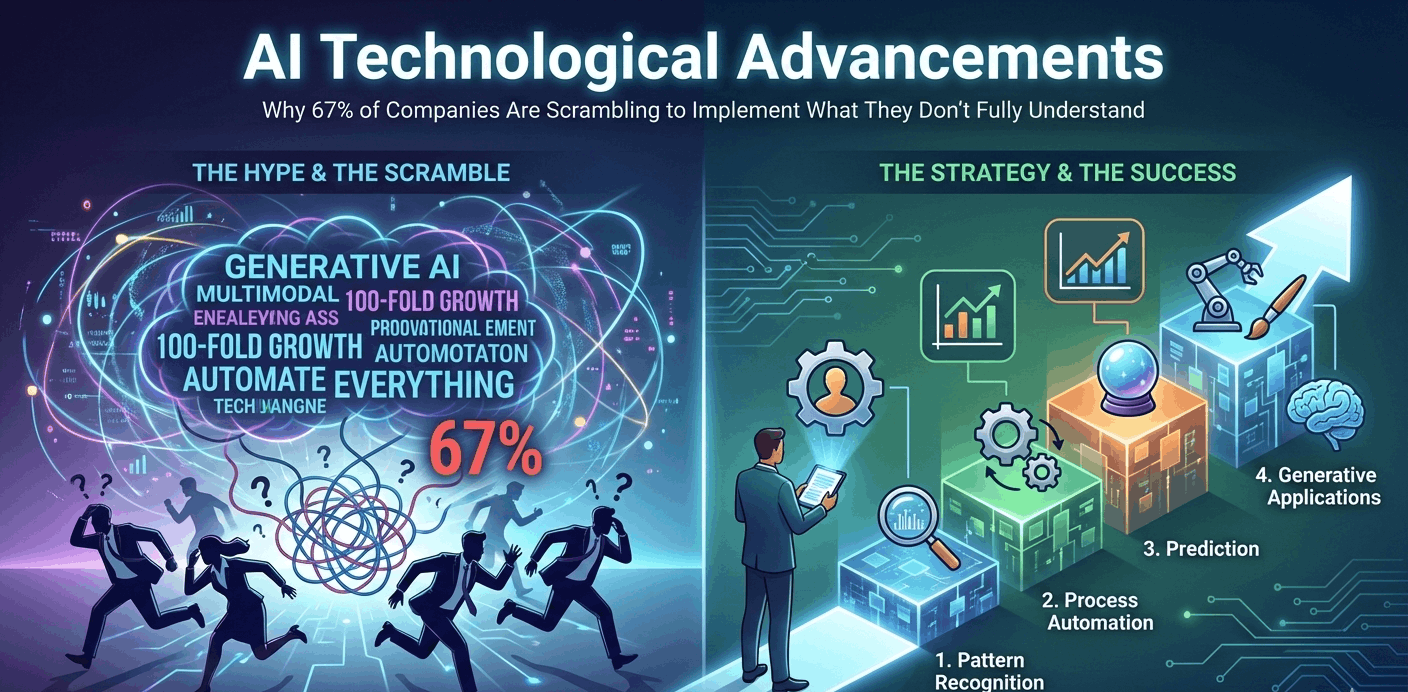 Infographic titled 'AI Technological Advancements' illustrating the contrast between chaotic AI adoption hype (left side showing 'The Hype & The Scramble' with buzzwords and 67% of companies struggling) and a strategic 4-stage implementation framework (right side showing 'The Strategy & The Success' with steps for Pattern Recognition, Process Automation, Prediction, and Generative Applications).