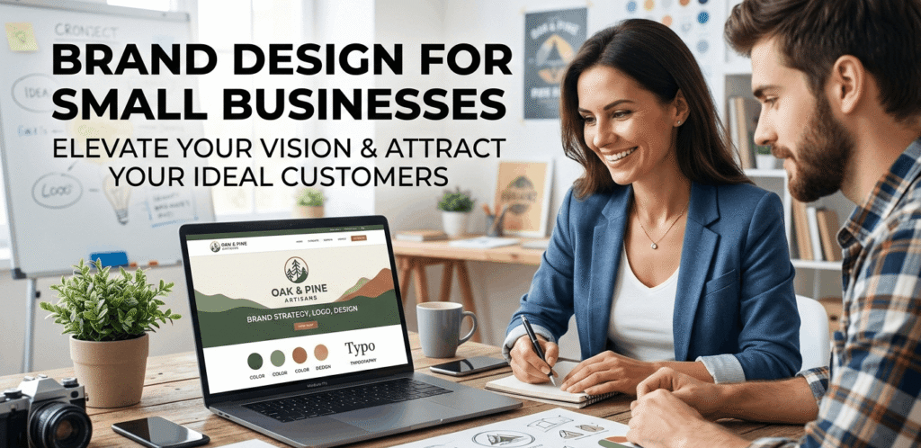 Small business branding design and marketing strategy on a laptop with a creative team.