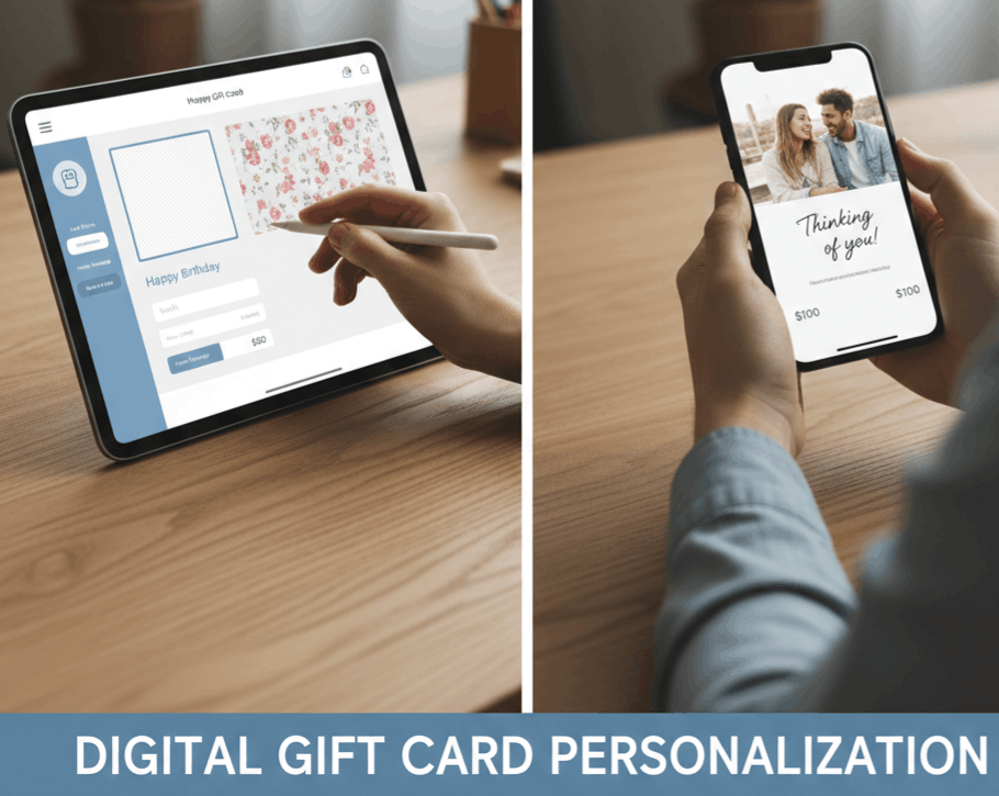 A split-screen image showing the process of personalizing a digital gift card; on the left, a person uses a stylus on a tablet to design a card, and on the right, a person holds a smartphone displaying a finished gift card with a custom photo and message.