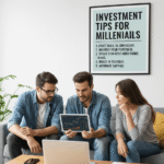 Three millennials on a couch analyzing stock market charts on a tablet with investment tips poster.