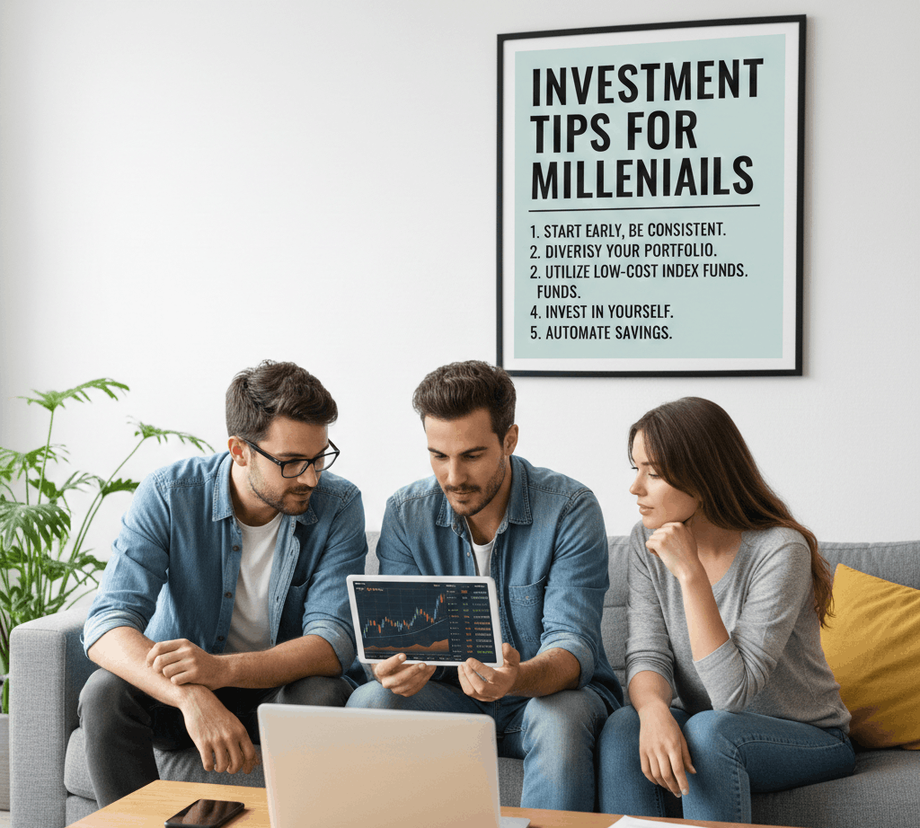 Three millennials on a couch analyzing stock market charts on a tablet with investment tips poster.