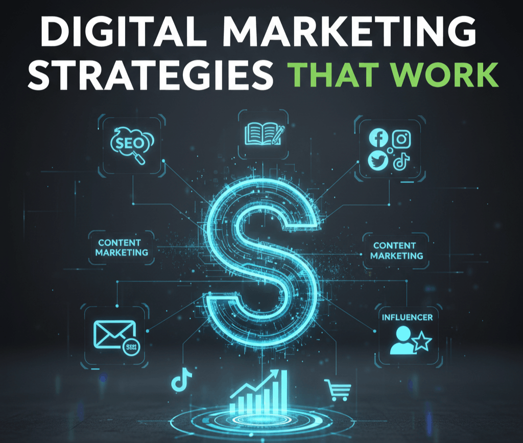 A modern, vibrant infographic titled "Digital Marketing Core Pillars," showcasing icons for AI-driven personalization, Answer Engine Optimization (AEO), short-form video funnels, and community-led growth.