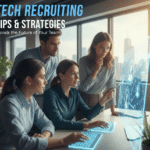 Tech recruiting team using a holographic screen for talent sourcing and strategic hiring.