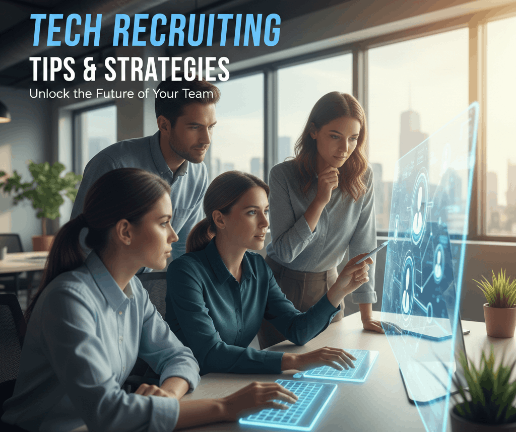 Tech recruiting team using a holographic screen for talent sourcing and strategic hiring.
