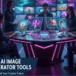 A diverse team of creative professionals using high-tech monitors to generate AI art in a neon-lit futuristic studio.