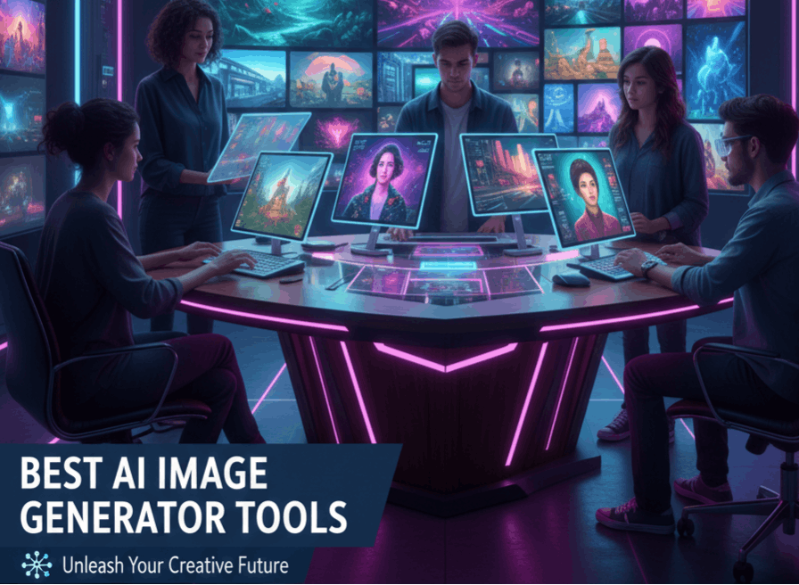 A diverse team of creative professionals using high-tech monitors to generate AI art in a neon-lit futuristic studio.